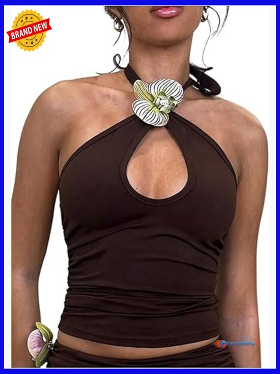 Tops - 3D Floral Halter Tank Top Sleeveless Cut Out Ruched Going Out Top